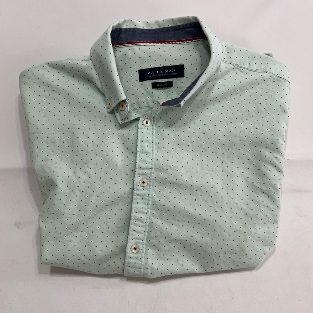 Zara Man‎ Shirt Men’s L Green Polka Dot Cotton Long Sleeve Slim Fit Button-Down